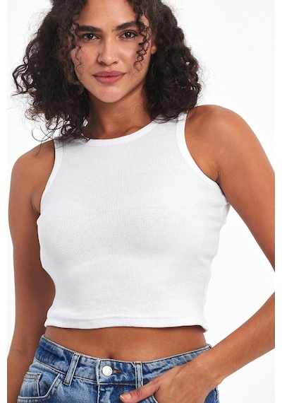 Comeor Kadın Beyaz Fitilli Görünümlü Askılı Kalın Esnek Örme Basic Crop Atlet Bluz Cmrb93