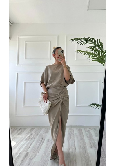 Keymoda Kadın Keten Elbise Vizon Vizon