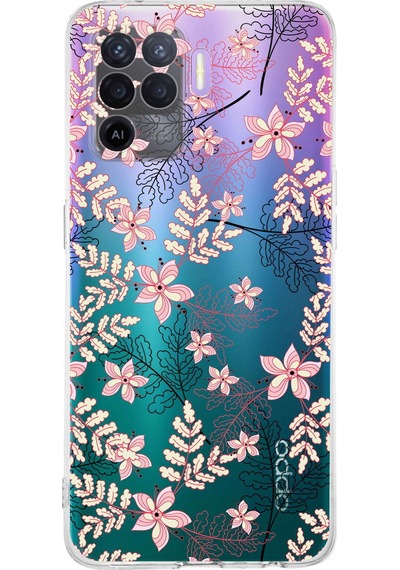 Oppo A94 Uyumlu Kamera Korumalı Floral Kırmızı Tasarımlı Şeffaf Silikon Kılıf