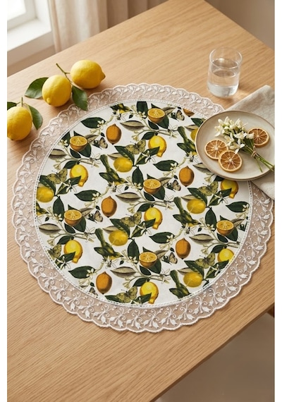 Limon Desenli Sıvı Geçirmez Runner - Güpürlü Leke Tutmaz Mutfak Masası Örtüsü Sarı