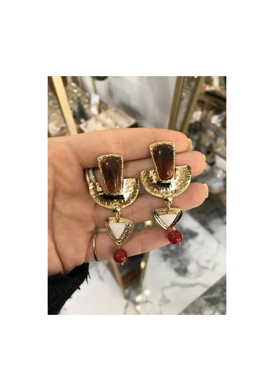 Vintage Gold Ezme Model Kahverengi Detaylı Küpe Çok Renkli
