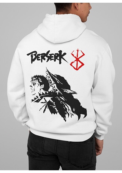 Sevbano Berserk Baskılı Unisex Oversize Anime Dizi Hoodie Beyaz
