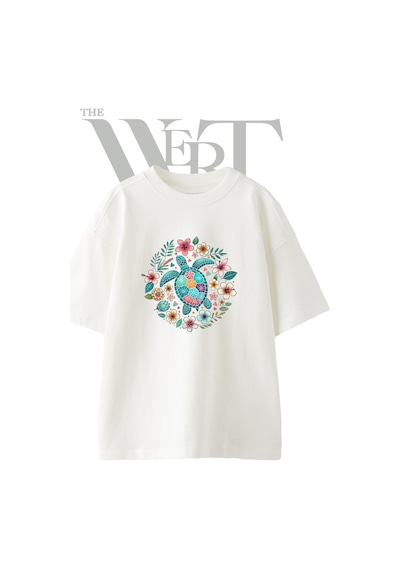 Thewert Kaplumbaga Cicek Tasarım Baskılı Ünisex Beyaz Oversize T-shirt