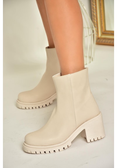 Fox Shoes T726911109 Bej Kalın Topuklu Kadın Bot Bej-suni Deri Bej