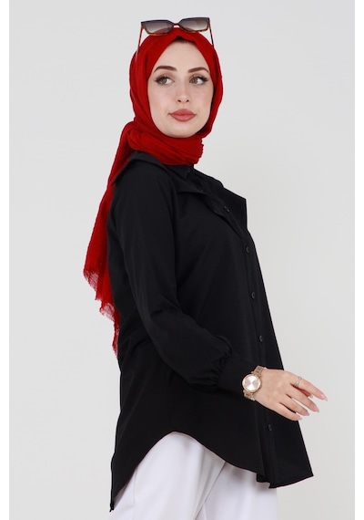 Sevitli Yakası Kat Detaylı Poplin Tunik-siyah-3518-siyah Siyah
