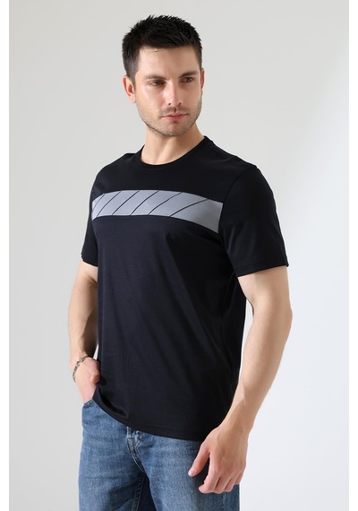 Erkek İki Renk Parçalı Bisiklet Yaka T-shirt - Pamuklu Tişört Siyah