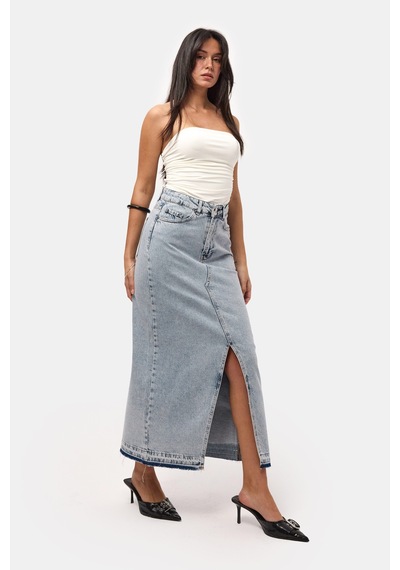 Itsbasic Kadın Snow Kot Rengi Derin Yırtmaçlı Yüksek Bel Uzun Denim Etek