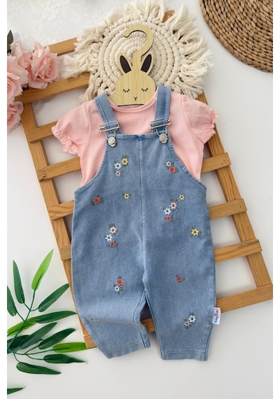 Miniğimin Cicileri Çiçek İşleme Desenli Kız Bebek Yazlık Salopet Takım Somon