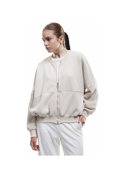Koton Üç İplik Şardonlu Uzun Kollu Fermuarlı Bomber Yaka Sweatshirt Bej 6wal10126ık Ekru
