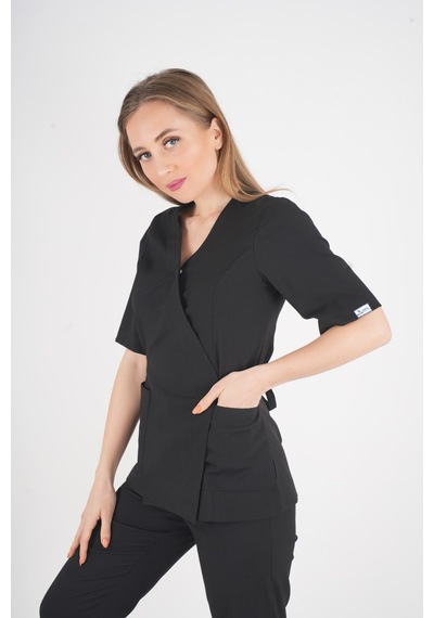 Siyah Elegant Model Cerrahi Üniforma Belden Bağlamalı Scrubs Takım Siyah