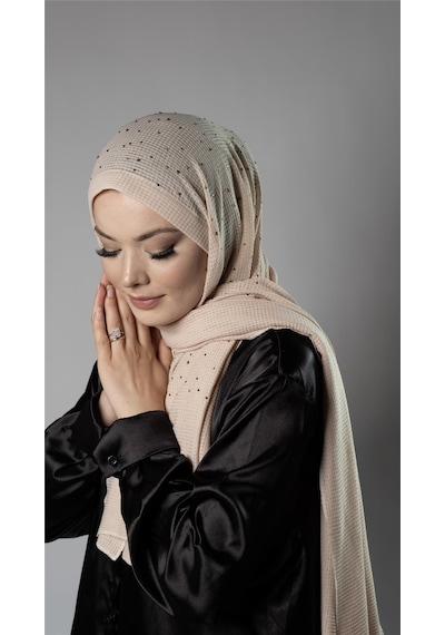 Hürrem Bone Bej Pratik Hazır Geçmeli Tesettür Şal Örme Kumaş Taş Desenli 2118t 12