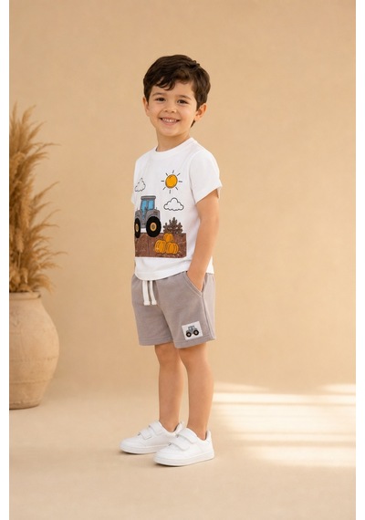 Eray Alp Kids Erkek Çocuk Beyaz Baskılı Traktör Tişört Şort Takımı Yazlık Günlük Model