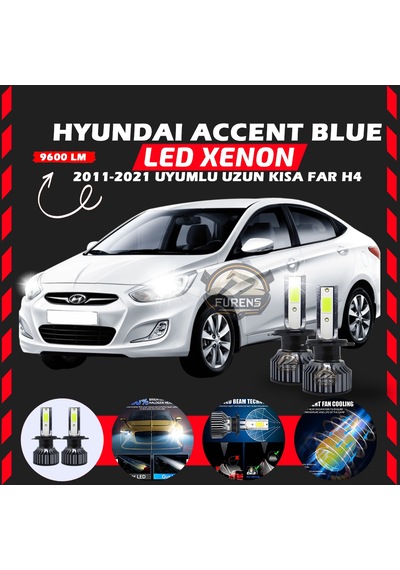 Hyundai Accent Blue 2011-2021 Uzun-kısa Far Uyumlu Şimşek Etkili Led Xenon Pro Series H4
