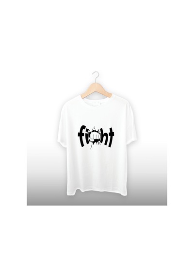 Fight Yazısı Detaylı Unisex Tişört Beyaz