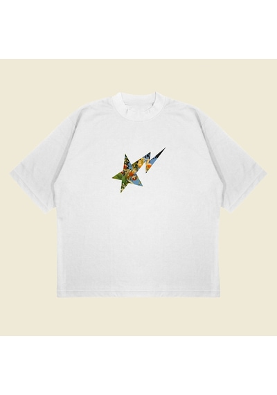Startmore Bathing Ape Mandarin Baskılı Oversize Unisex Pamuklu Nefes Alan Kalın Kumaşlı Beyaz