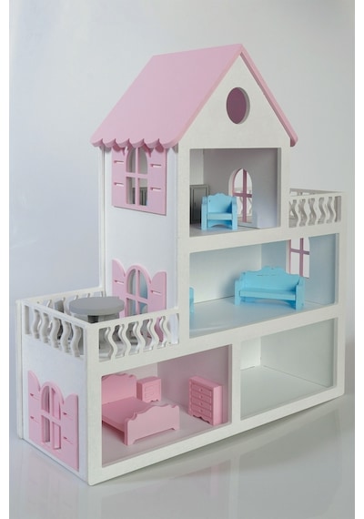 Boyalı Ahşap Barbie Bebek Evi Oyuncak 15 Adet Mobilya Hediyeli