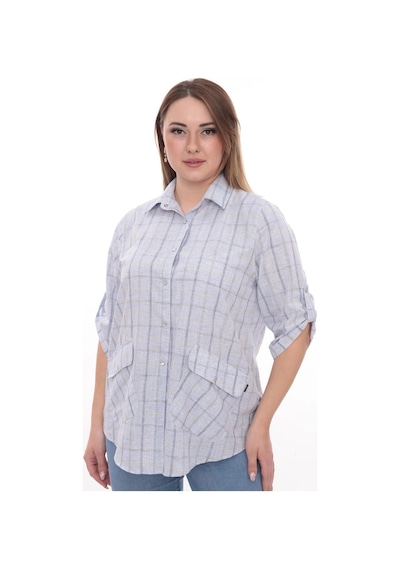 Lady Majestic Rahat Kalıp Büyük Beden Cotton Cepli Gömlek Mavi