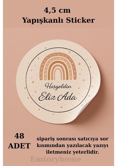 48 Adet Yuvarlak Hoşgeldin Bebek Sticker - Yenidoğan Sticker - Doğumgünü Sticker 1.hamur 4,5cm Açık Bej