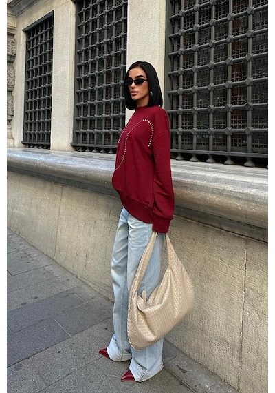 WeShaya Kadın Bordo Pamuklu Taşlı Oversize Sweatshirt Bordo