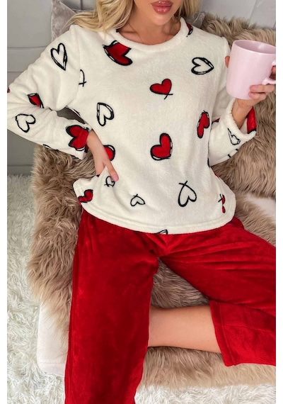 Merry See Kalp Baskılı Peluş Polar Alt Üst Uzun Kollu Pijama Takımı 001