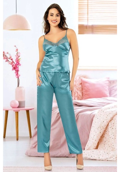 Faal 4909 Kadın Dantel Detaylı Saten Sabahlıklı İp Askılı Pijama Takım-mavi Mavi