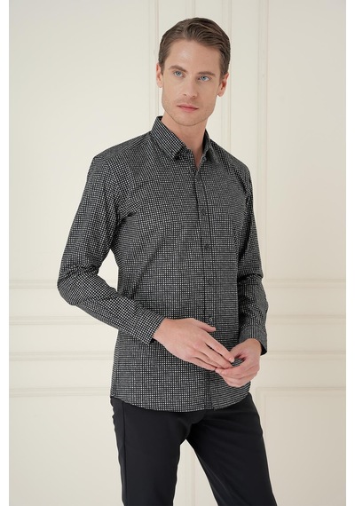 Efor Slim Fit Baskılı %100 Pamuk Spor Siyah Gömlek G 1587 Siyah