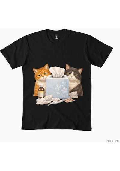 Flood Of Style Sick Day Cats Erkek Kadın Tişörtü %100 Pamuklu Tişörtler Kısa Kollu Üstler 0107-3 Siyah