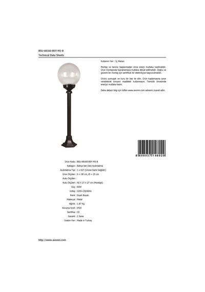 Avonnı Bsu-68160-bsy-m3-b Siyah Elektrostatik Toz Boyalı Dış Mekan Aydınlatma, E27, Abs, Cam, 25cm Sku: Smgstk858539e0b7