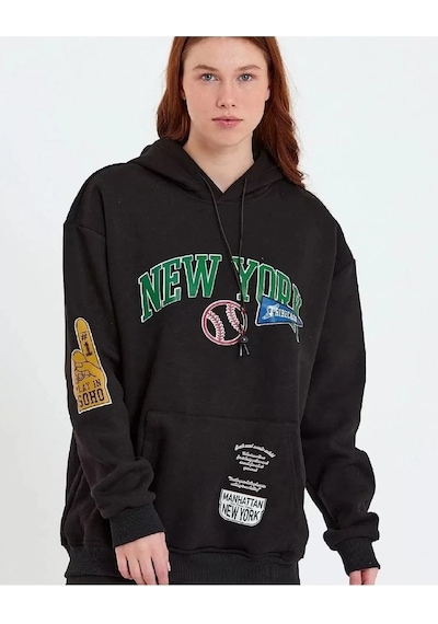 Kadın Baskılı Kapüşonlu Sweatshirt - Siyah 001
