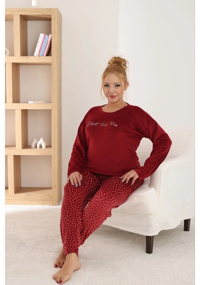 Pijamoni Kadın Büyük Beden Yumuşak Kadife Vişne Pijama Takımı Vişne