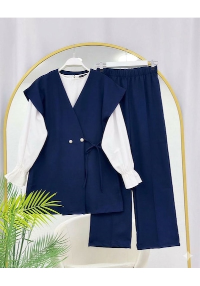 Lovie Moda Kadın Üçlü Şık Takım - Lacivert Bej