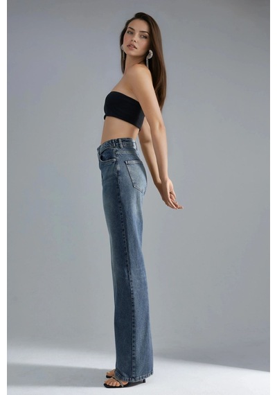 Hiccup Squalo Yüksek Bel Geniş Paçalı Kot Pantolon Orta Mavi Denim