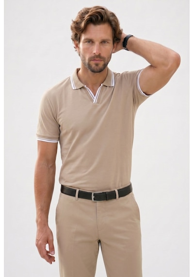 Tudors Erkek Slim Fit Dar Kesim %100 Pamuklu Çizgili Detaylı V Yaka Taş Polo Yaka Tişört-51597