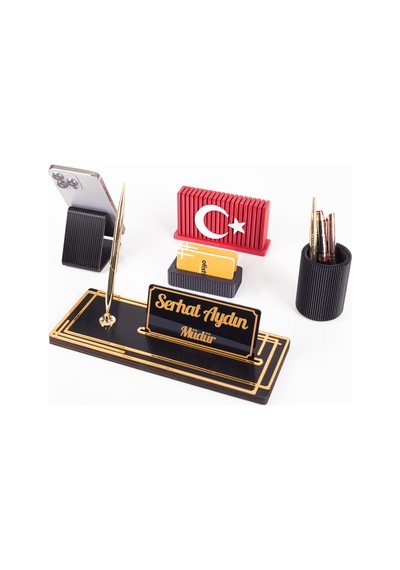 Vera Türk Bayraklı Gold Ahşap Masa İsimliği Seti Çizgi Desen Hediye Ofis Dekoratif Masaüstü İsimlik