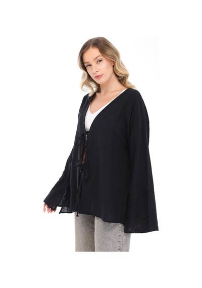 Blayn Jeans Blayn Kadın Keten Kimono Oversize Rahat Kalıp Yazlık Uzun Kollu Kimono Siyah