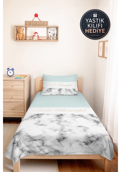 Modern Mermer Mint Genç Odası Tek Kişilik Pike Takımı - Gri Beyaz 160x220 Cm Kapitone Yatak Örtüsü Kadife Yosun Baharı