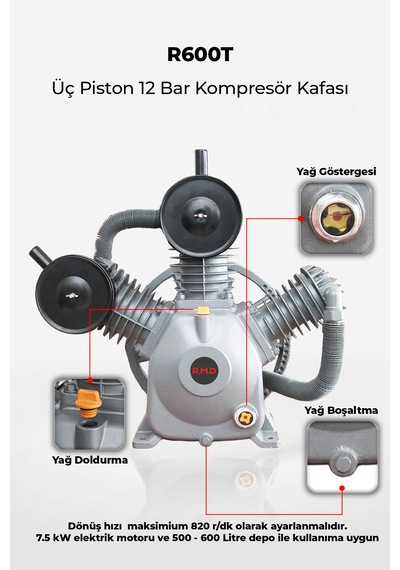 R.m.d Kompresör Üç Piston 12 Bar Kompresör Kafası R600t