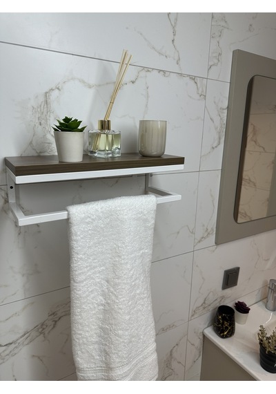 lyla concept Fulya Banyo Ahşap Raflı Beyaz Metal Havlu, Şal Askılık Ceviz Raf Beyaz