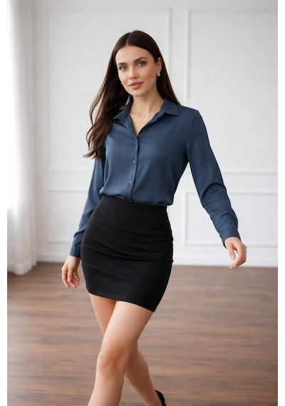 Pera Moda Saten Yüzeyli Fitted Gömlek Füme