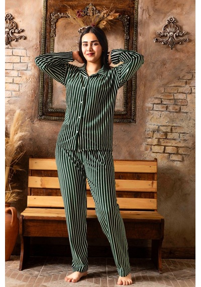 Lukitus Kadife Gömlek Yaka Kadın Pijama Takımı Yeşil