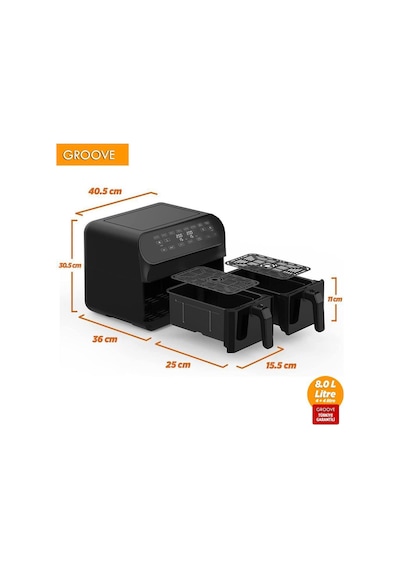 Groove MAX PLUS XXL 1800W 4 LT + 4 LT 8 LT Çift Hazneli Smart Airfryer