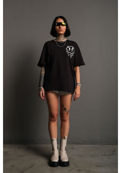 Technomonkey Oversize Eriyen Smiley Baskılı Unisex Tişört Siyah