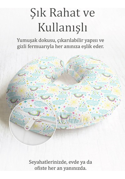 Renkli Bulut Gökkuşağı Pamuklu Boyun Yastığı - Neşeli Pastel Desenli Mavi Sarı Seyahat Yastığı Açık Dumanlı Avokado