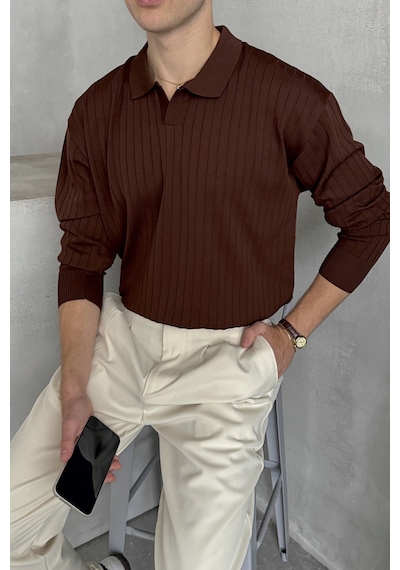 Erkek Polo Yaka Fitilli Oversize Triko Kazak Kahverengi