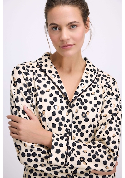 Man11550-1039 Anil Ev Giyim Anıl Kadın Uzun Kollu Gömlek Yaka Leopar Desenli %100 Pamuk Pijama Takımı 11550 Krem