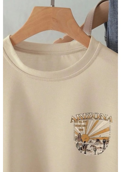 Uyguntarz Unisex Sırt Baskılı Arizona Oversize Tshirt Bej