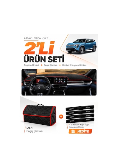 Renault Boreal 2025-sonrası Uyumlu Torpido Örtüsü + Deri Bagaj Çantası + Sticker - Siyah Kırmızı
