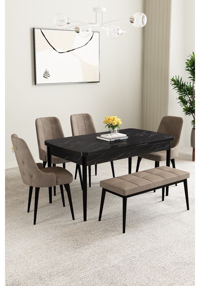 Mabel Siyah Mermer Desen 80x132 Açılabilir Yemek Odası Takımı 4 Sandalye, 1 Bench Cappucino