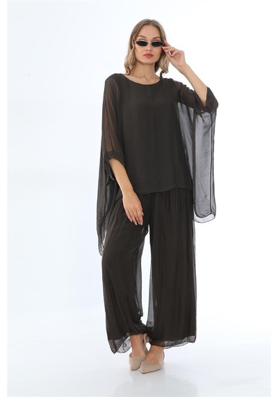 Bohem Stil İtalyan Yarasa Kol İpek Bluz & Pantolon Takım-8767 Kahverengi