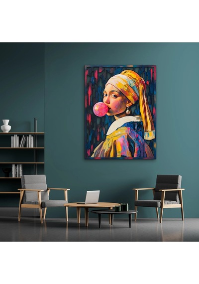 Balon Sakızlı İnci Küpeli Kız - Metal Tablo - Dec0391 38 X 50 Cm Çok Renkli